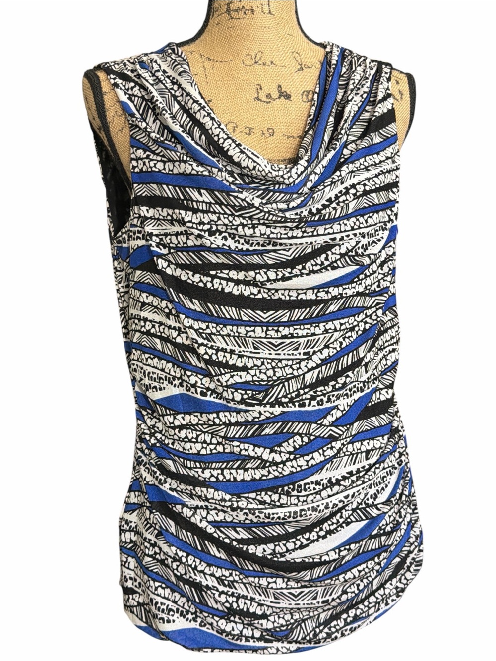 Cable & Gauge Blue, Black & White Cowl Neck Sleeveless Top EC. Size X-Large